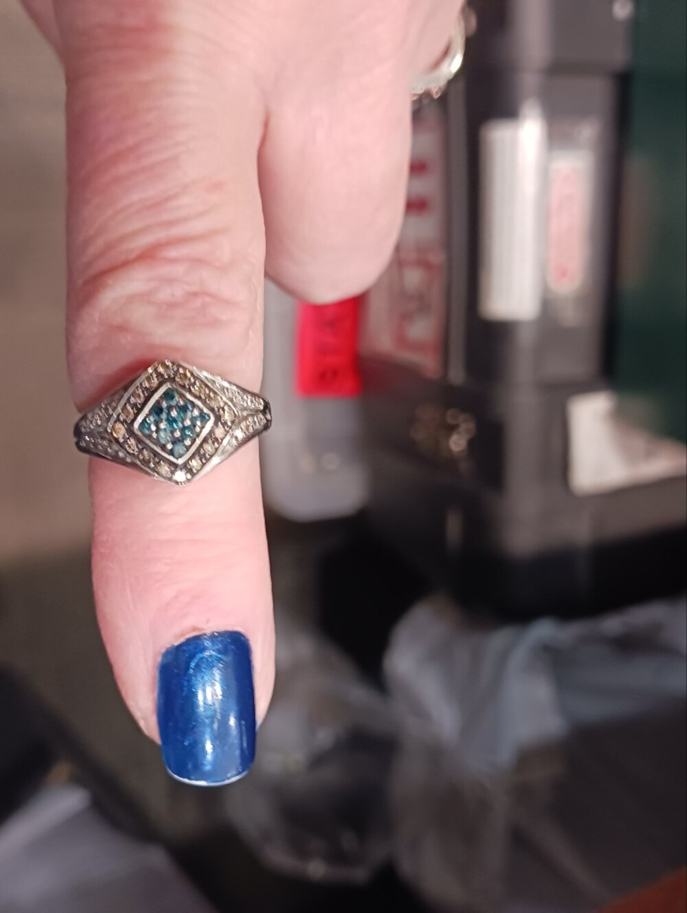 Vintage 1984 Sterling Silver Blue & White & Brown Diamond Ring.